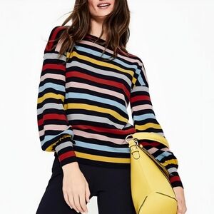 Boden Wool Blend Navy Rainbow Striped Balloon Sleeve Sweater, XL